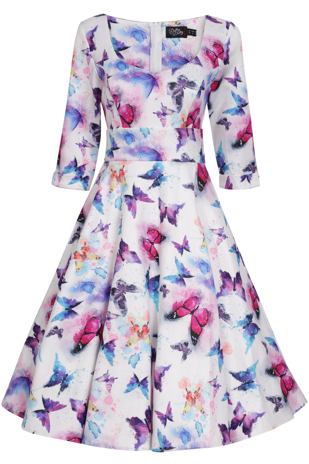 The front view of a Scarlette Midi Dress in White Butterfly Print
