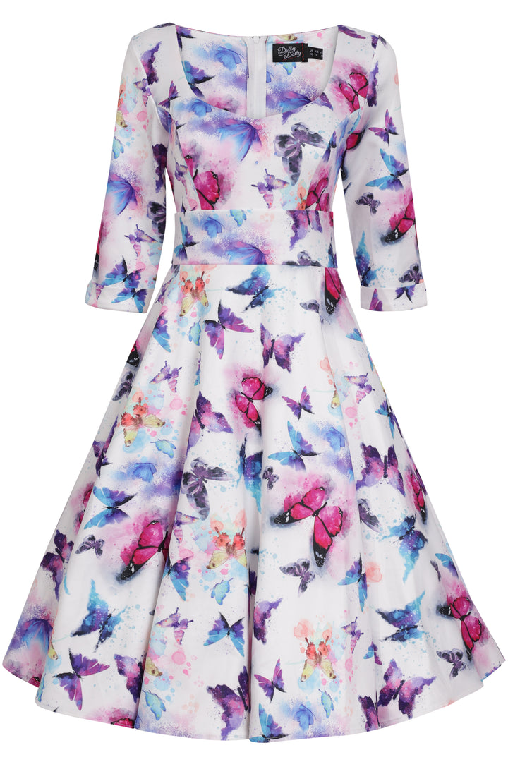 The front view of a Scarlette Midi Dress in White Butterfly Print