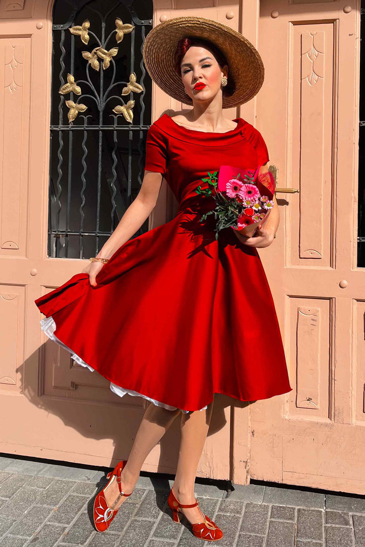 The lady wearing a Burgundy Off Shoulder Swing Dress | Rockabilly Style