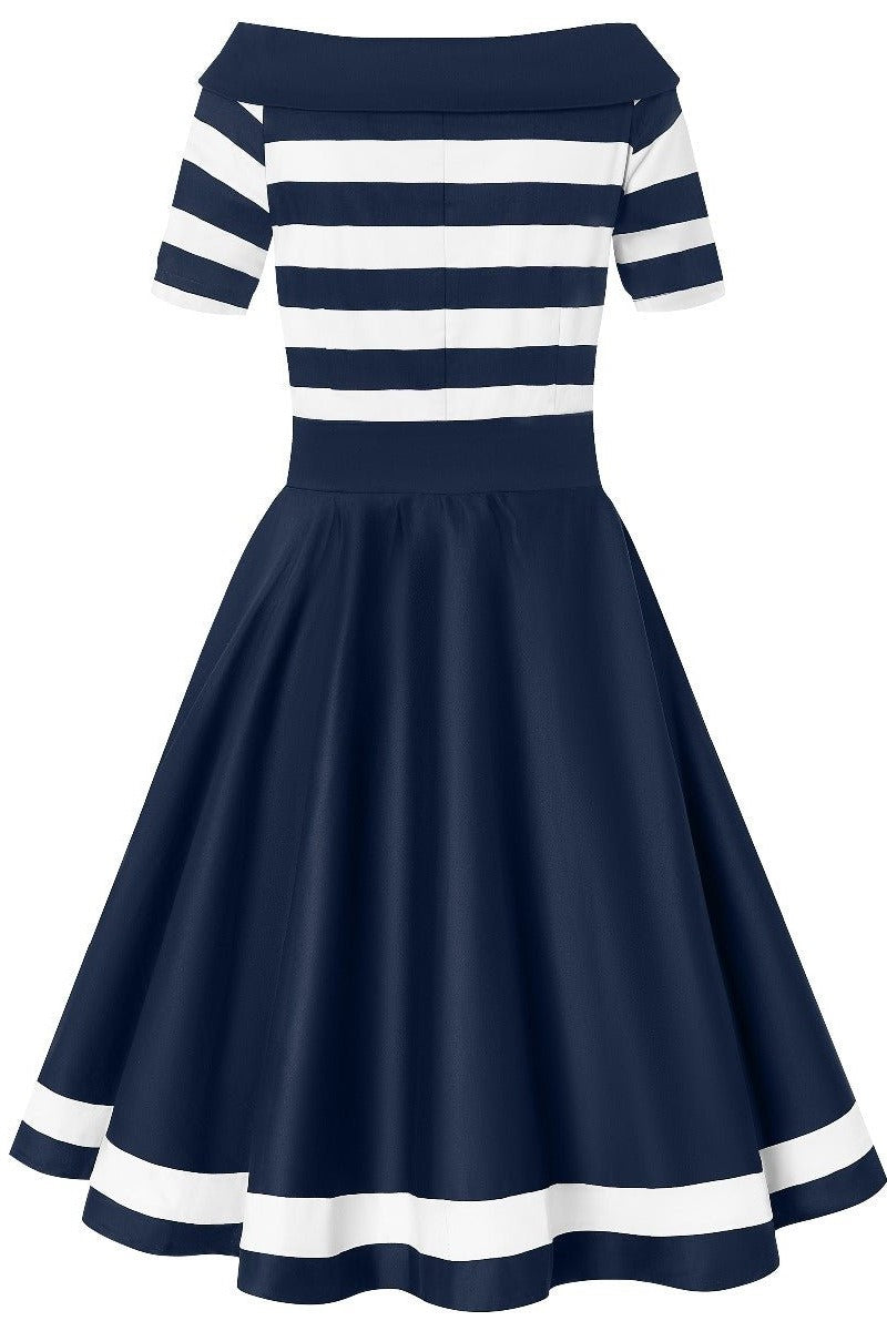 Back view of Darlene Navy White Stripe Dress | Nautical Swing Dress