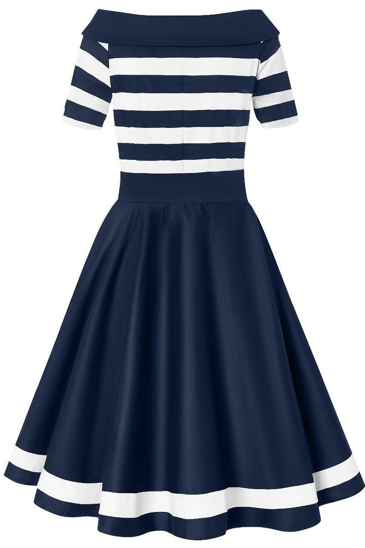 Back view of Darlene Navy White Stripe Dress | Nautical Swing Dress