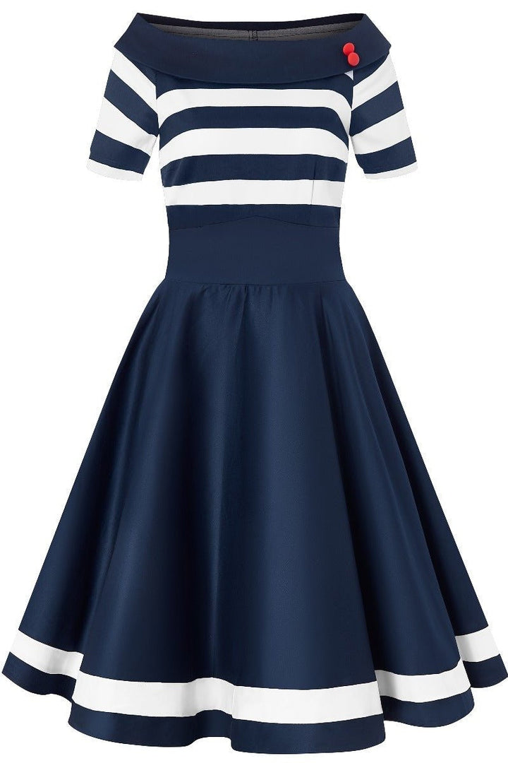 Front view of Darlene Navy White Stripe Dress | Nautical Swing Dress
