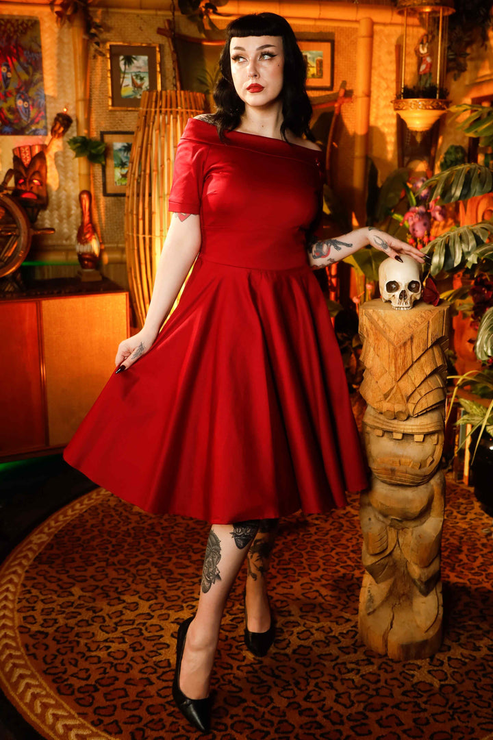The model wearing a Burgundy Off Shoulder Swing Dress | Rockabilly Style