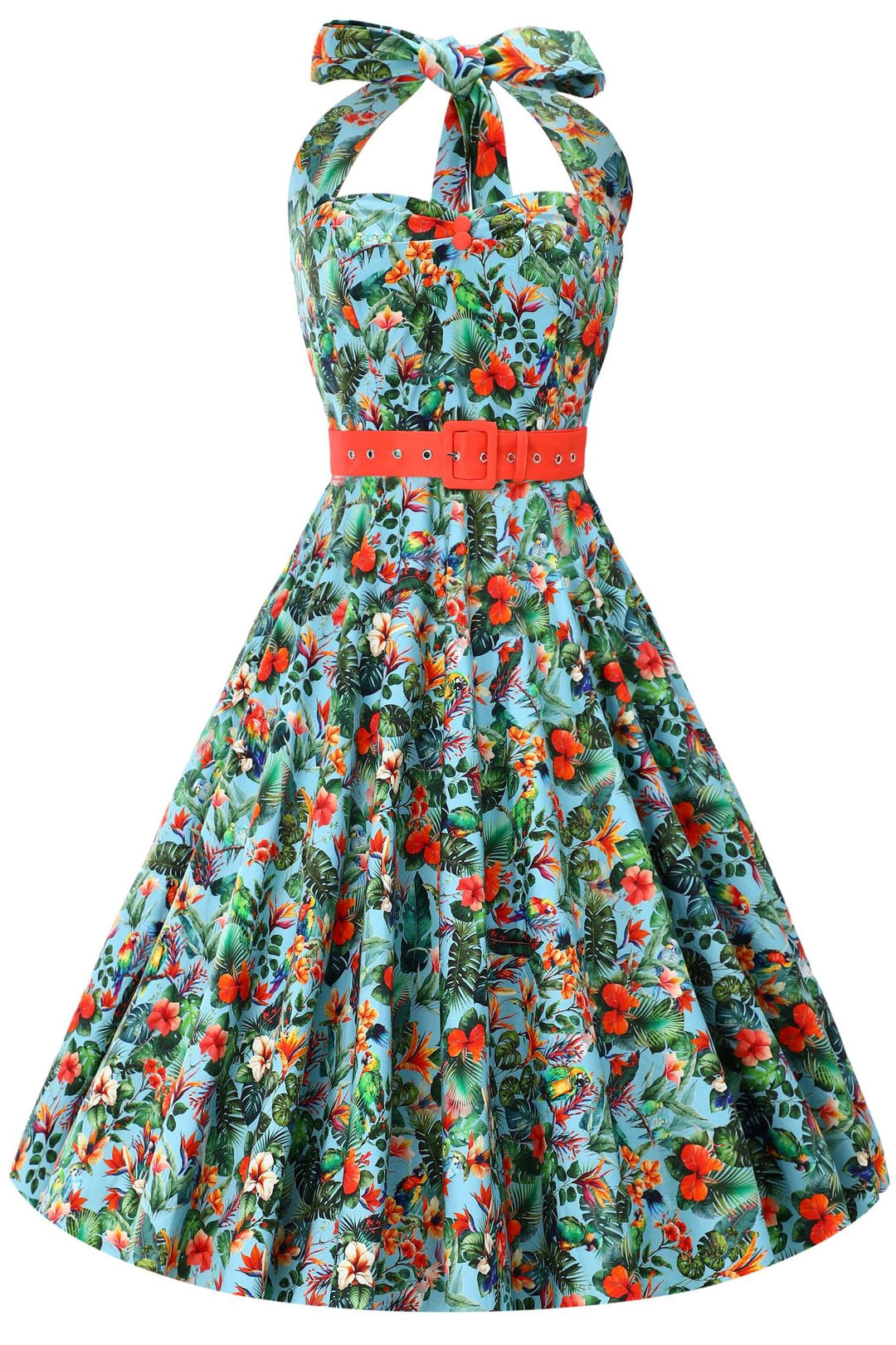 Front view of Daisy Tropical Parrot Halterneck Dress