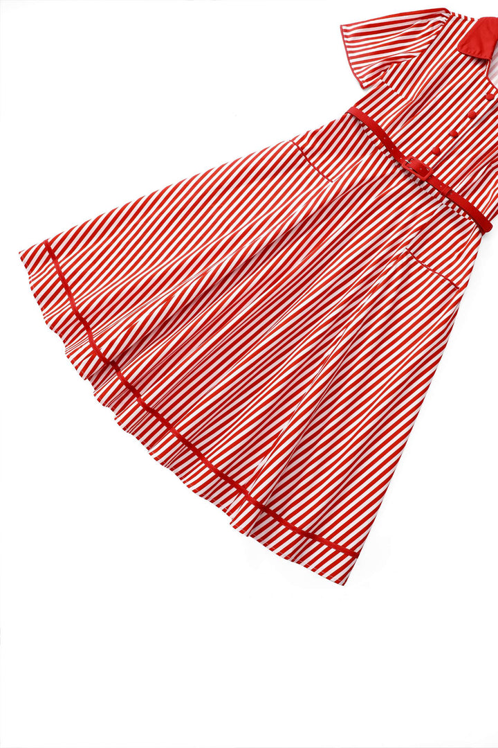 Close up view of Mabel Red & Off-white Bengal Stripes Dress | Vintage Shirt Dress