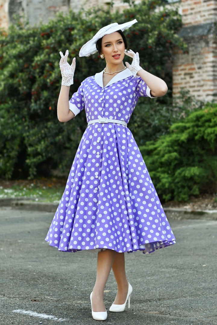 Model wearing a Mollie Shirt Dress in Lilac Polka Dots