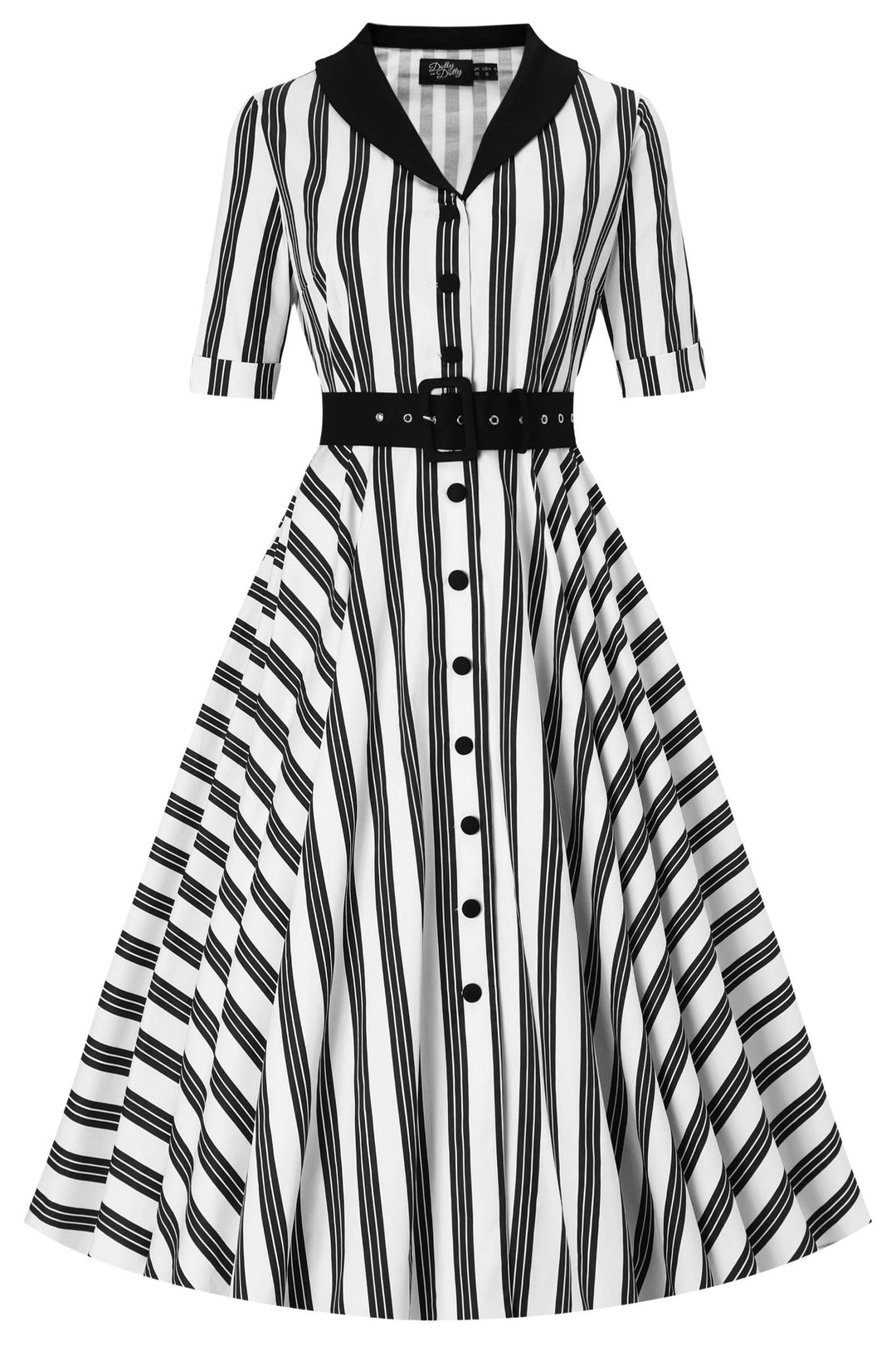 Front view of Mollie Black Stripes on White Dress | Striped Shirt Dress AU