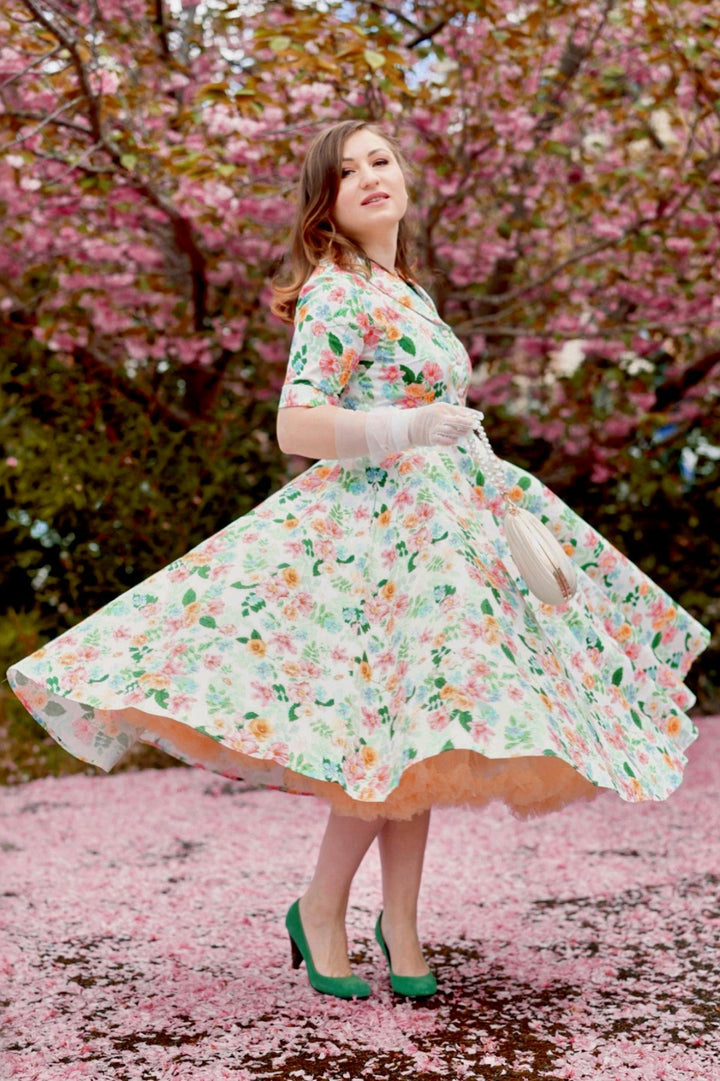 Lovely Model in Mollie Summer Floral on White Dress | Vintage Floral Dress