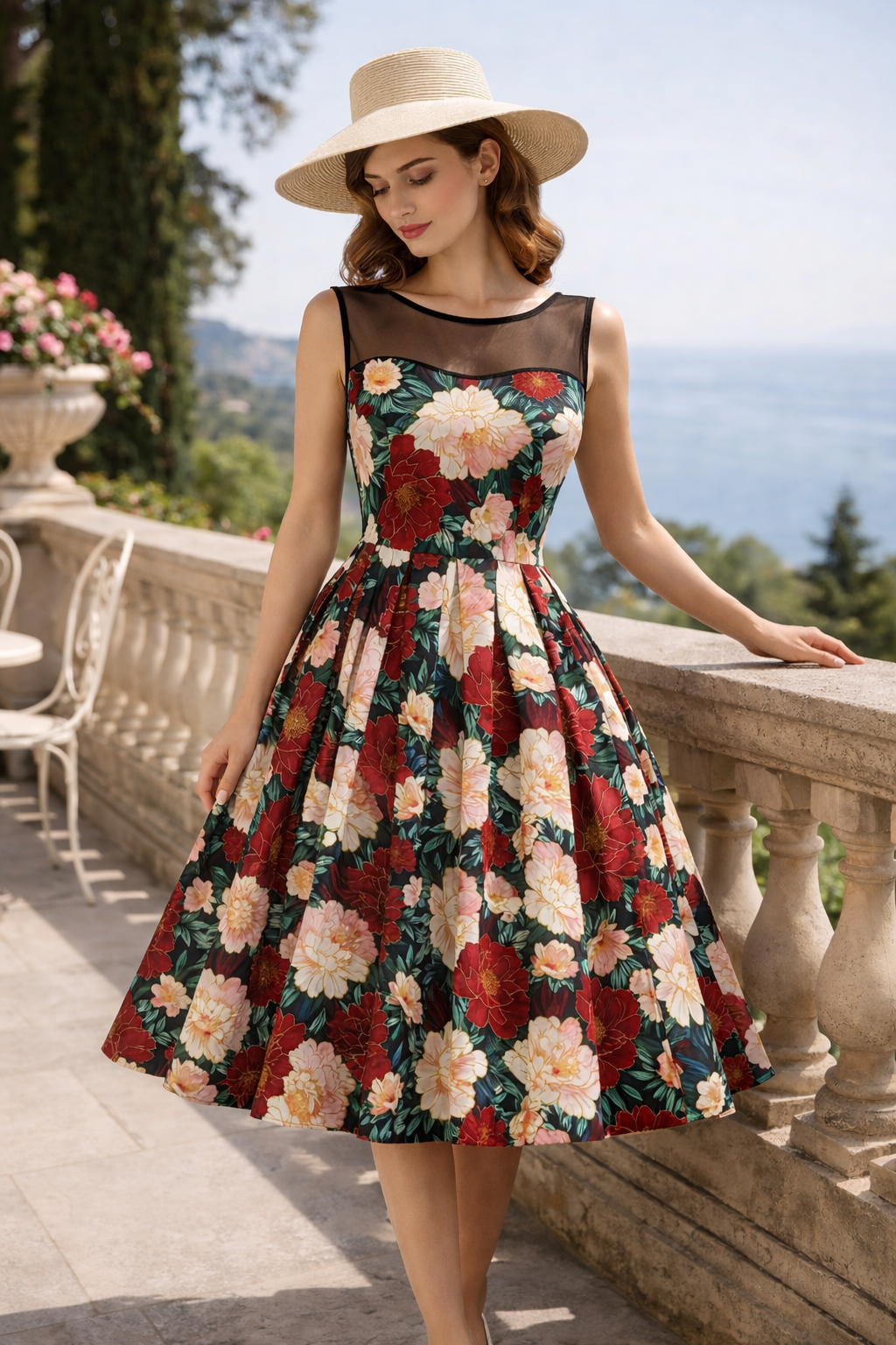 Model in Elizabeth Vintage Style Floral Party Dress in Black/Pink