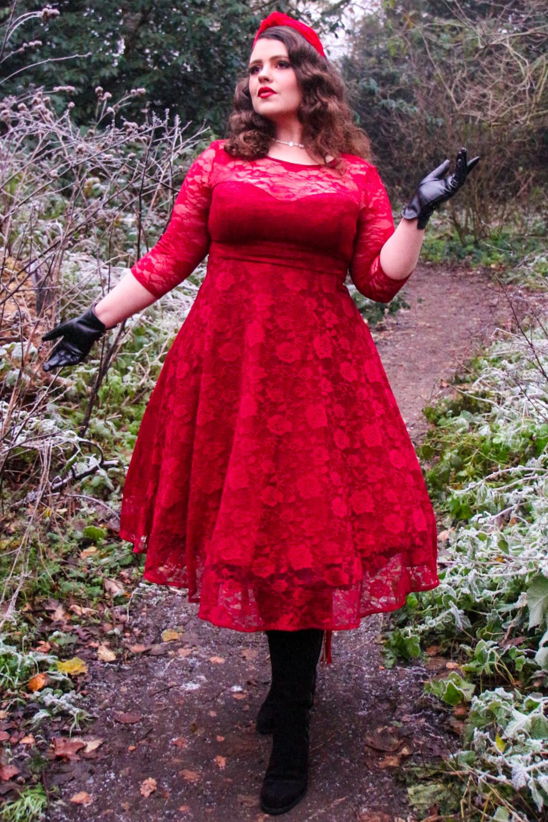 A beautiful lady in Madeline Long Sleeved Burgundy Lace Dress | Lace Occasion Dress