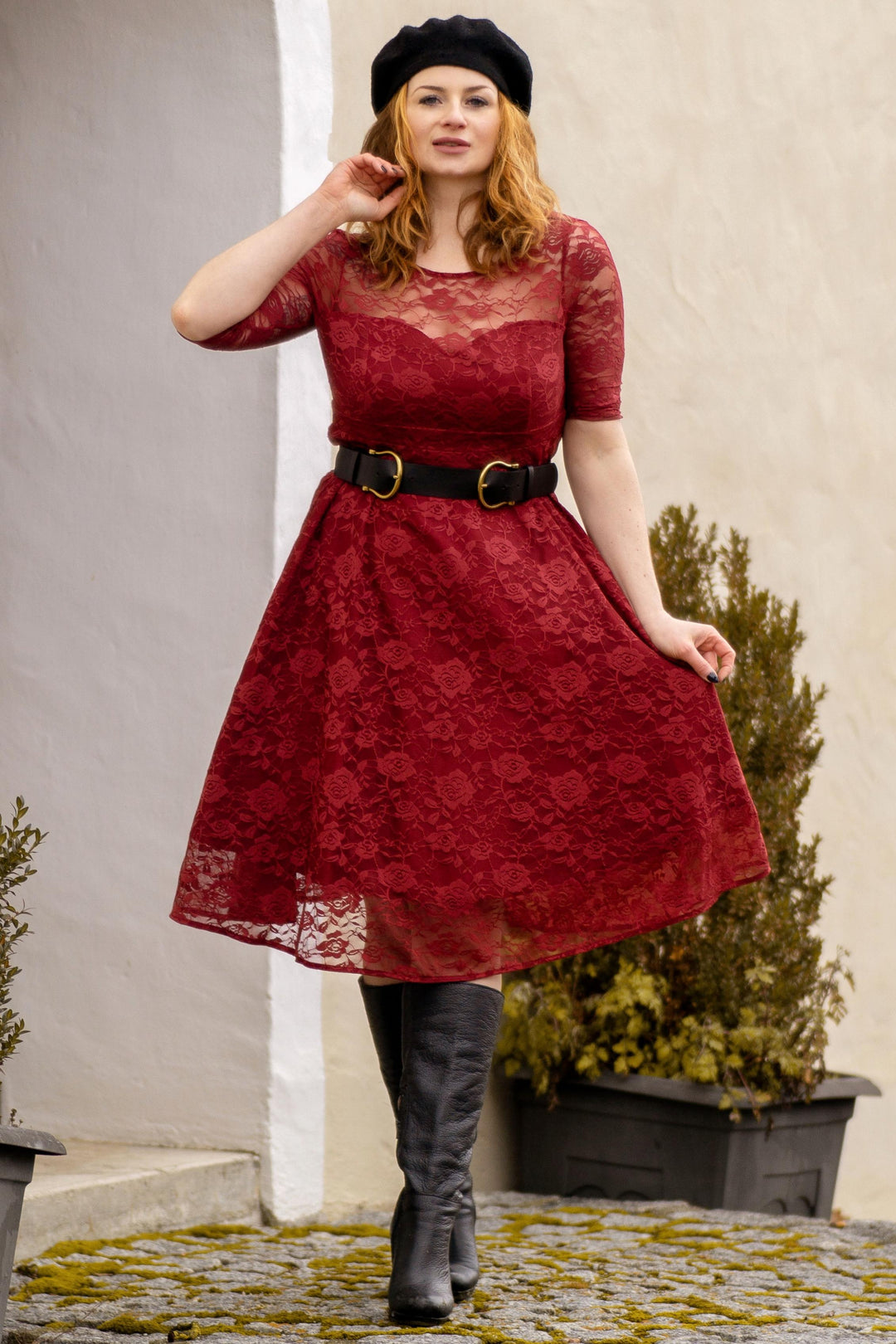 A lovely lady in Madeline Long Sleeved Burgundy Lace Dress | Lace Occasion Dress