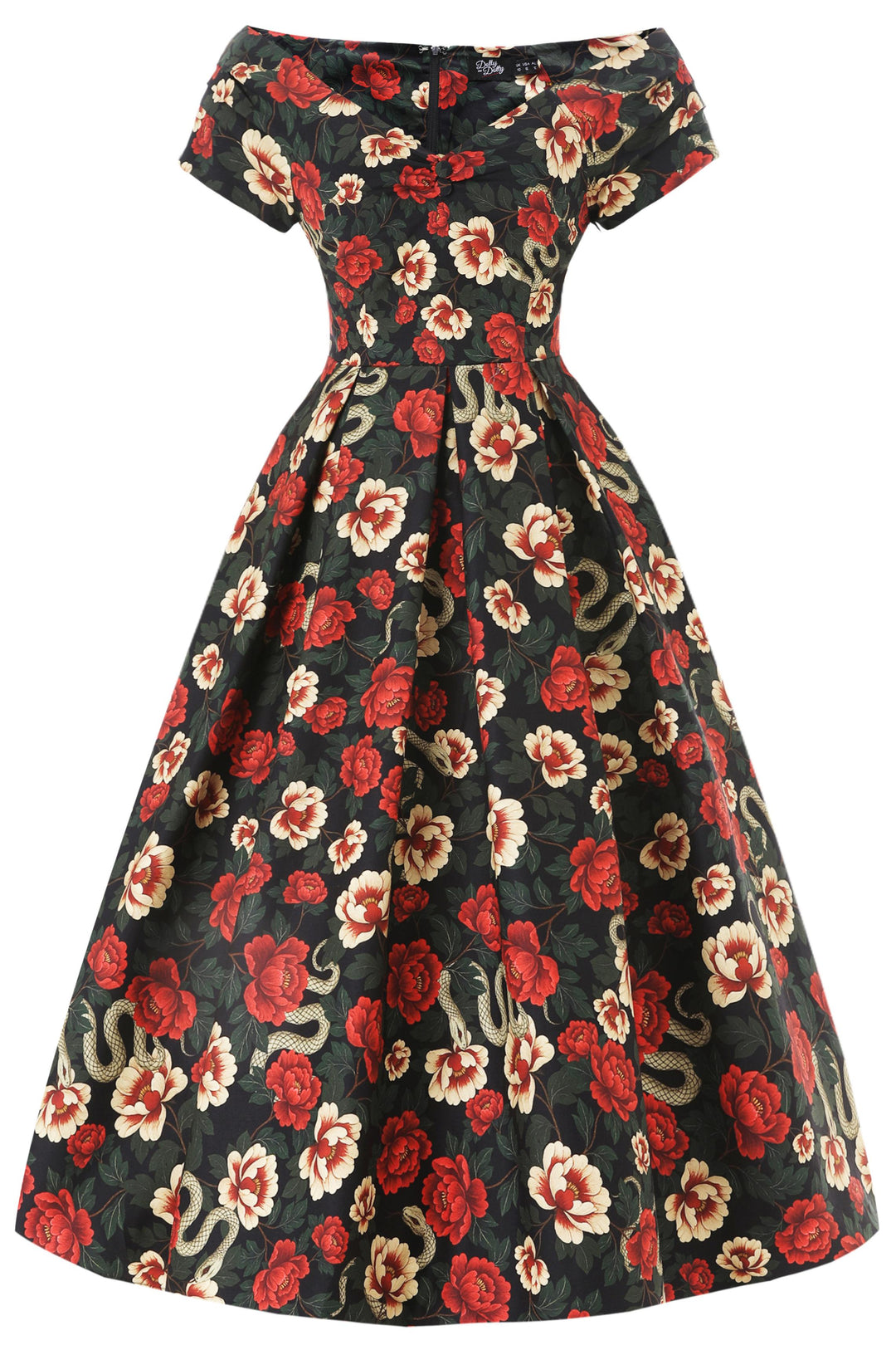 Front view image of Black Snake & Rose Off Shoulder Midi Dress