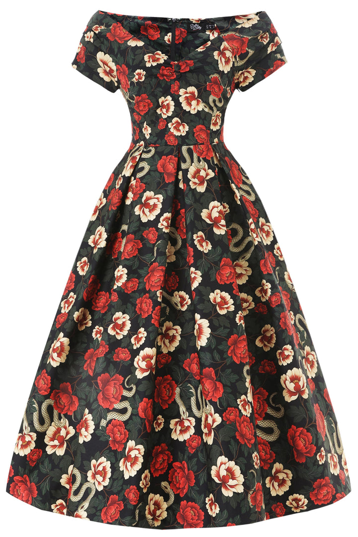 Front view image of Black Snake & Rose Off Shoulder Midi Dress