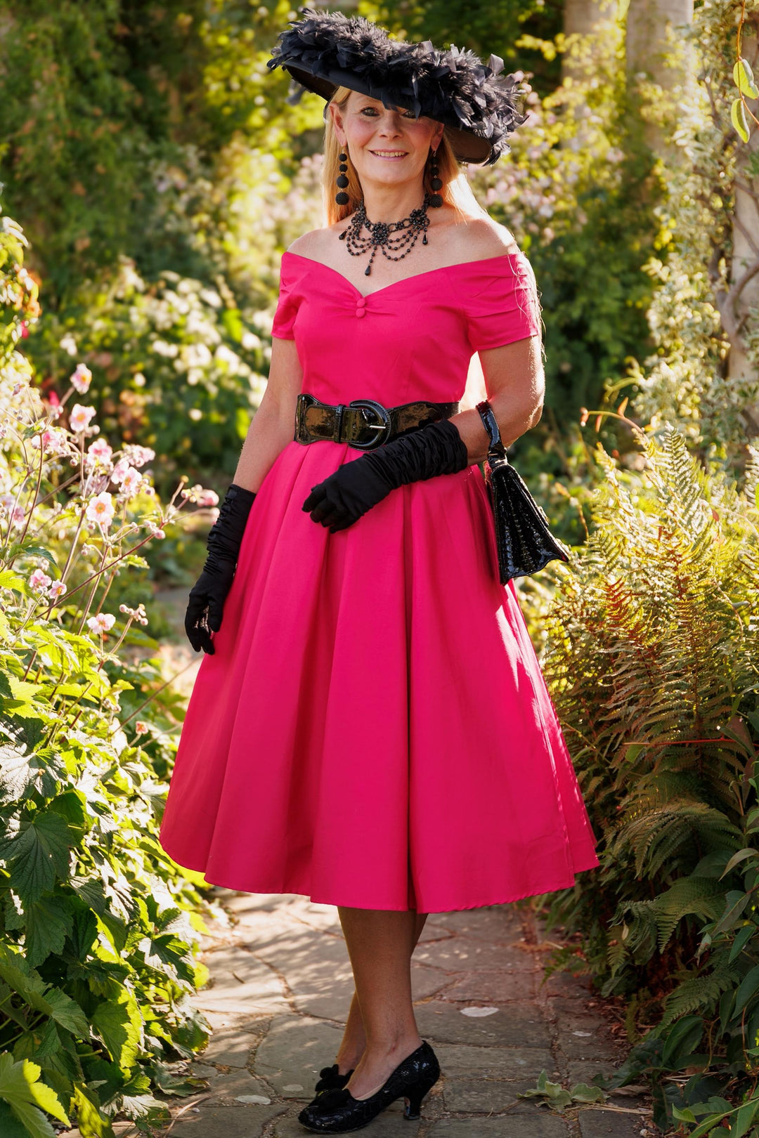 Lady in Lily Hot Pink Bardot Midi Dress