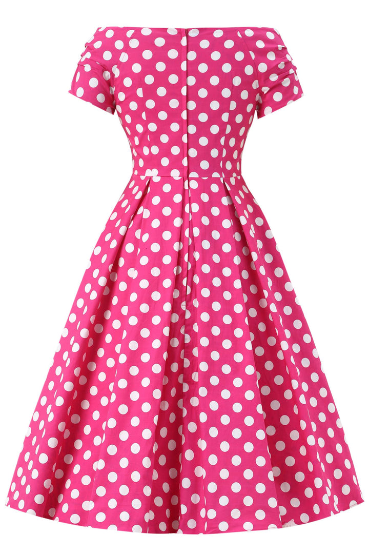 Back view of Lily Hot Pink & White Polka Dot Dress | Retro Dress