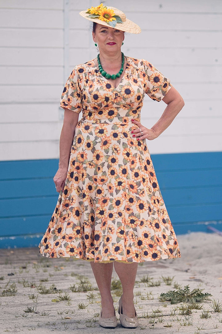 A beautiful lady in Julia Sunflower Dress | Vintage Floral Dress
