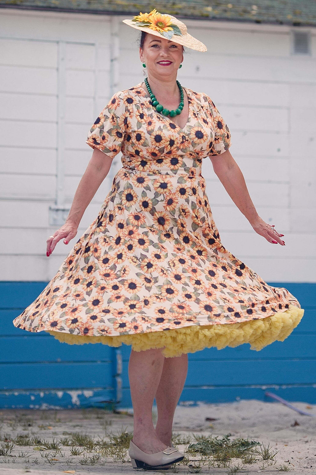 A lovely lady in Julia Sunflower Dress | Vintage Floral Dress