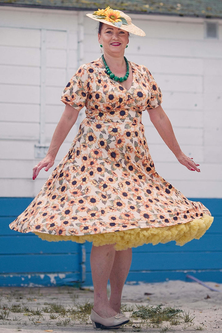 A lovely lady in Julia Sunflower Dress | Vintage Floral Dress