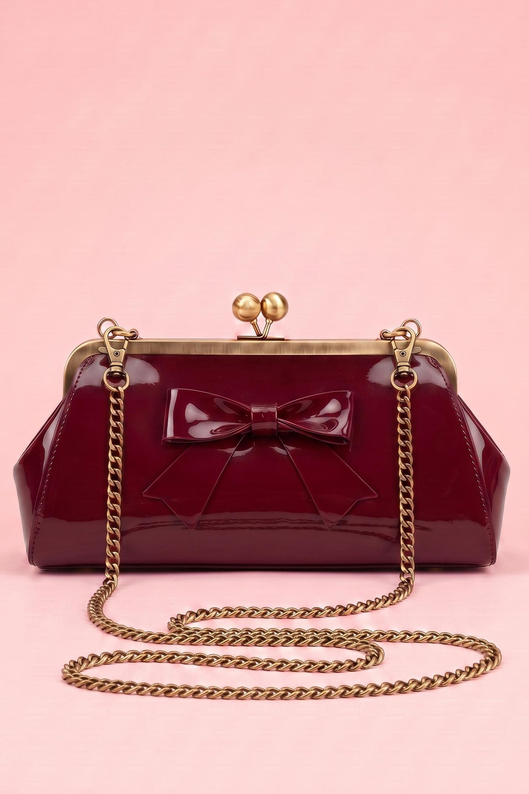 Front view image of PU Burgundy Clutch Bag with a chain | Vintage Style