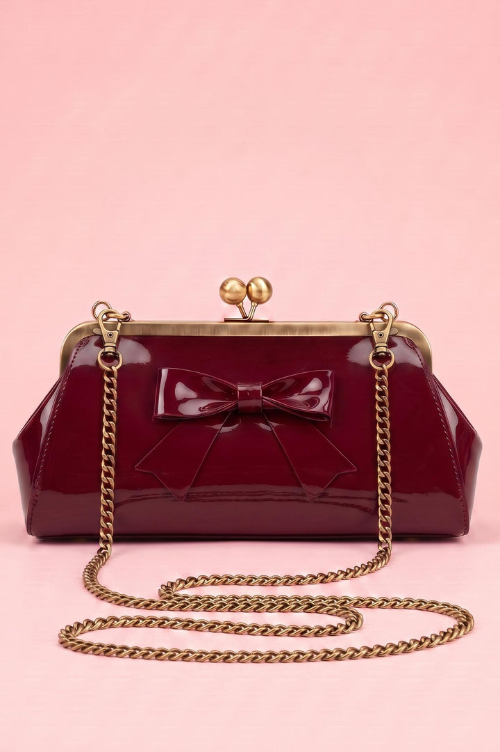 Front view image of PU Burgundy Clutch Bag with a chain | Vintage Style