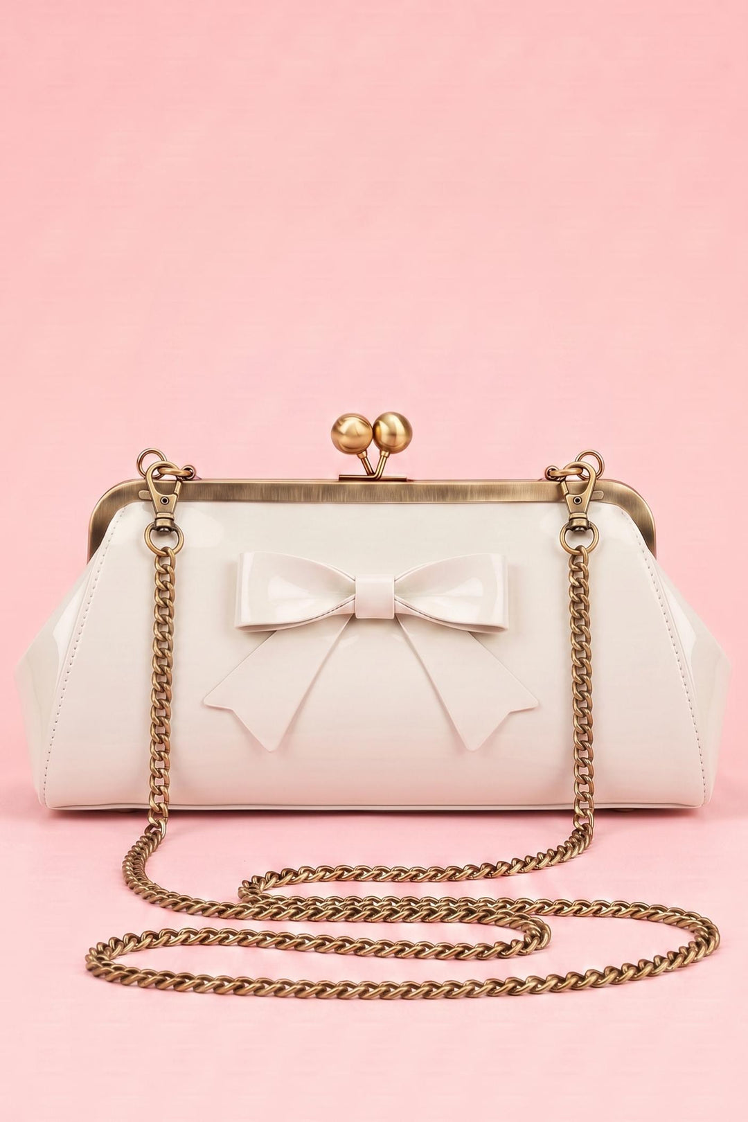 Front view image of Ivory Petite Handbag with a chain | Feminine 50s Bow Bag