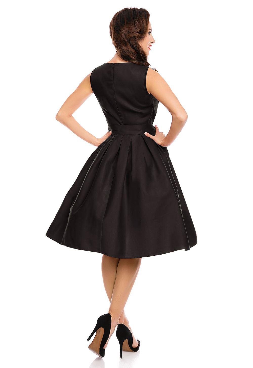 The back of A lovely lady wearing an Elizabeth Black Occasion Dress with Mesh Neckline in the studio