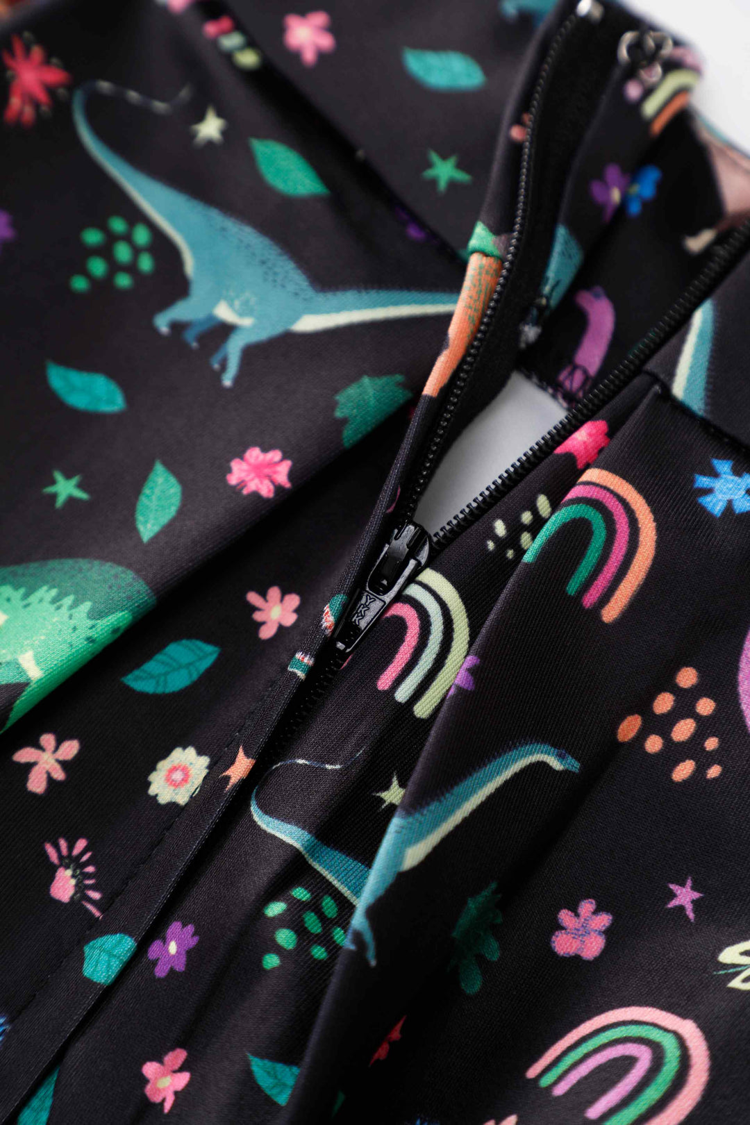 Zipper of Aisley Dinosaur Rainbow Skirt | Novelty Print Skirt