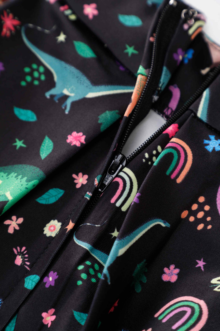 Zipper of Aisley Dinosaur Rainbow Skirt | Novelty Print Skirt