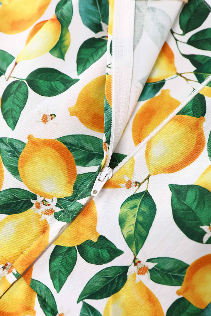 Zipper of Amanda Juicy Yellow Lemons on White Dress | 50s Style Dress