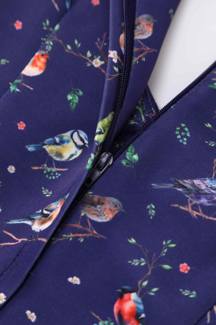 Zipper of Lily Bird Garden on Navy Blue Dress | Whimsical Vintage Dress