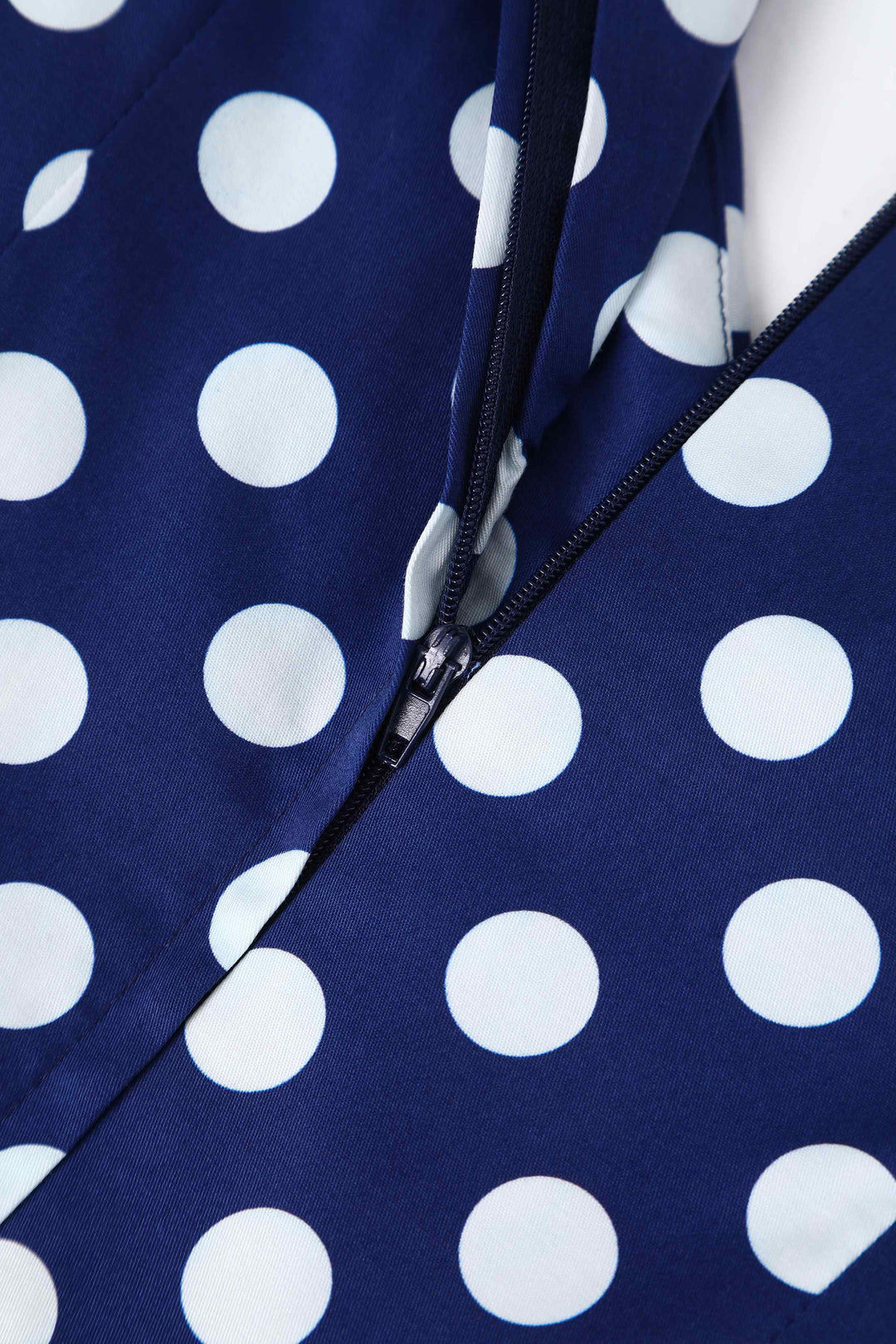 Zipper of Lily Navy Blue & White Polka Dot Dress | 50s Style Dress