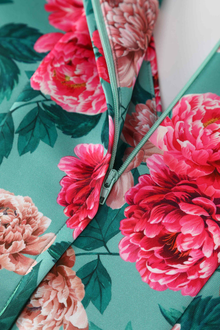Zipper of Lily Pink Peony Flowers on Mint Green Dress | Vintage Floral Dress