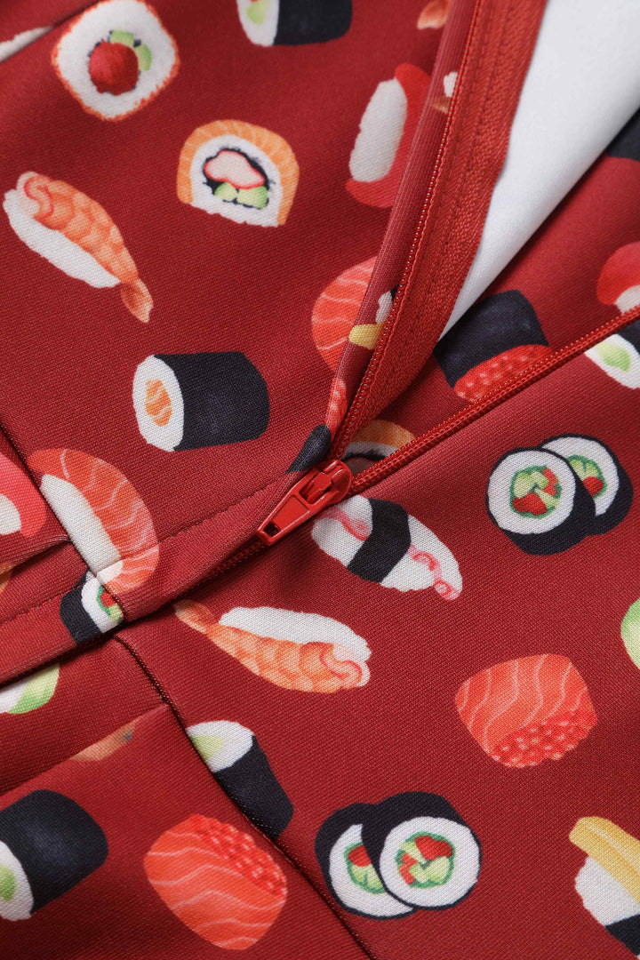 Zipper detail of Amanda Sushi & Sashimi Flared Dress In Burgundy