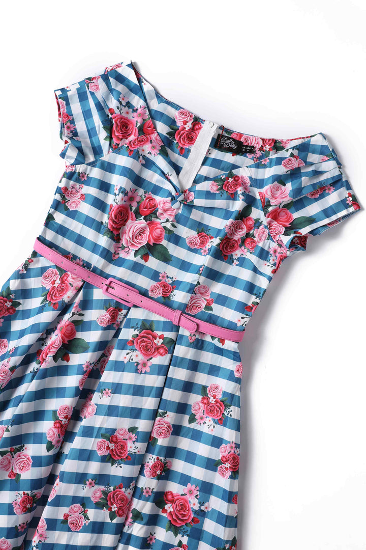 close up of the top of Lily Floral Gingham Off Shoulder Dress In Blue