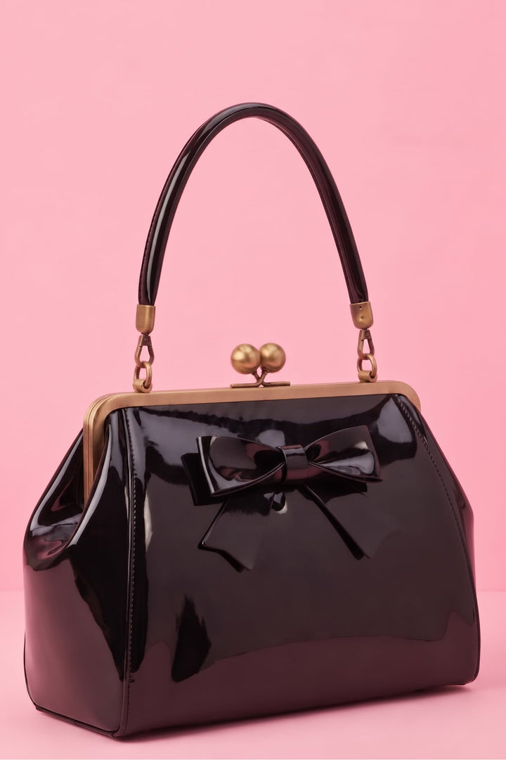 Front view image of Black 1950s Kiss Lock Handbag