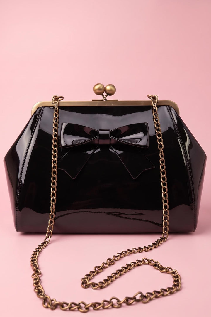 Colette 1950s style Kiss-Lock Vintage Black Oversized Statement Bow Bag with chain strap