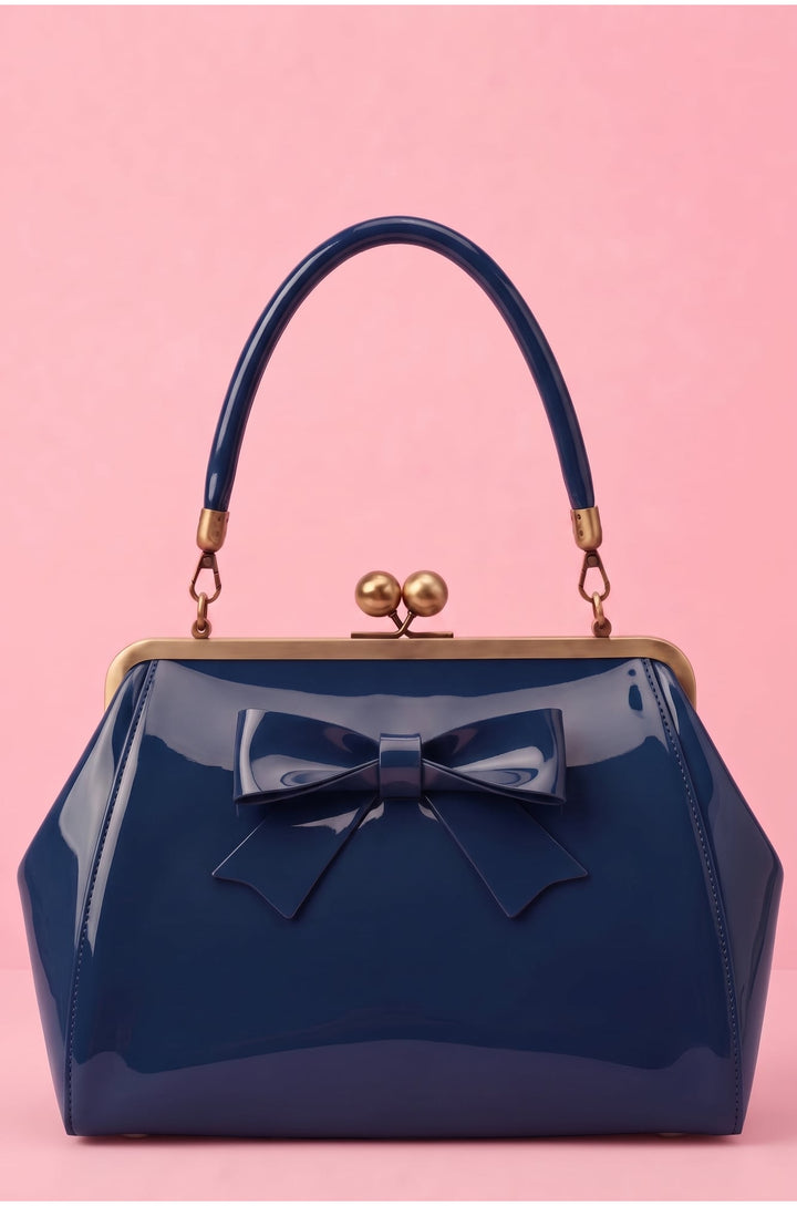 Front view image of Dark Blue Kiss Lock Handbag
