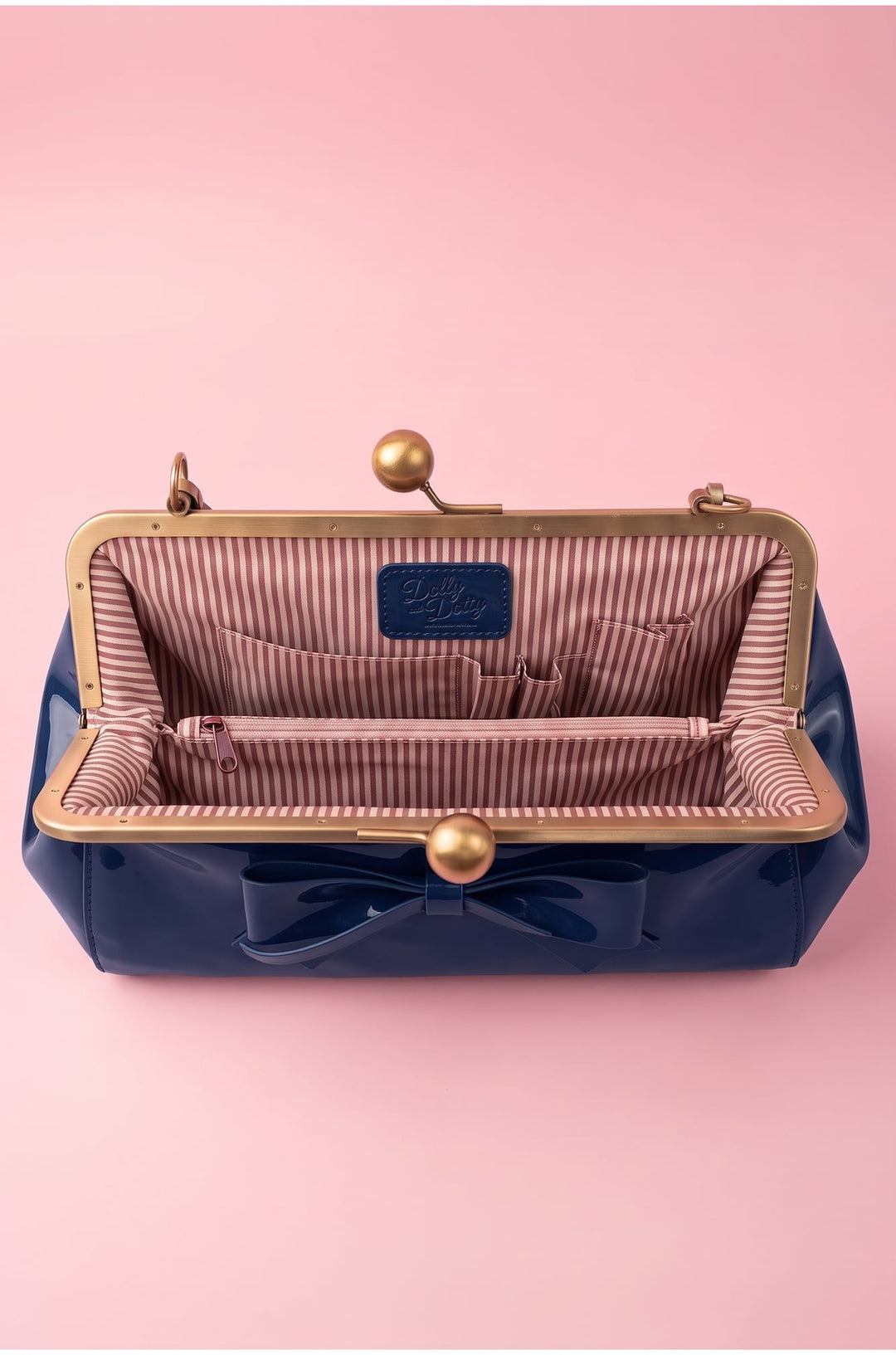 Interior shot of Colette 1950s style Kiss-Lock Vintage Dark Blue Oversized Statement Bow Bag