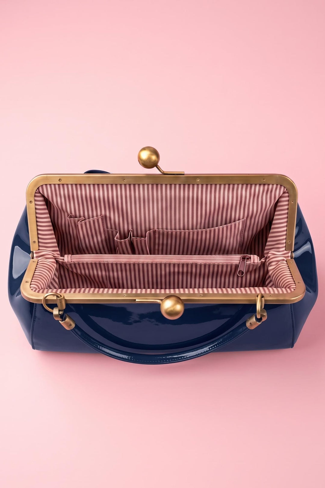Interior image of Colette 1950s style Kiss-Lock Vintage Dark Blue Oversized Statement Bow Bag