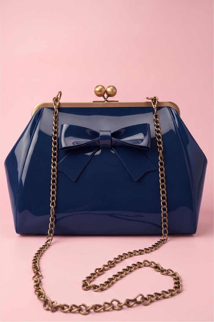 Colette 1950s style Kiss-Lock Vintage Dark Blue Oversized Statement Bow Bag with chain strap