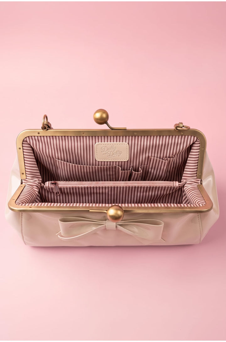 Interior shot of Colette 1950s style Kiss-Lock Vintage Ivory Oversized Statement Bow Bag