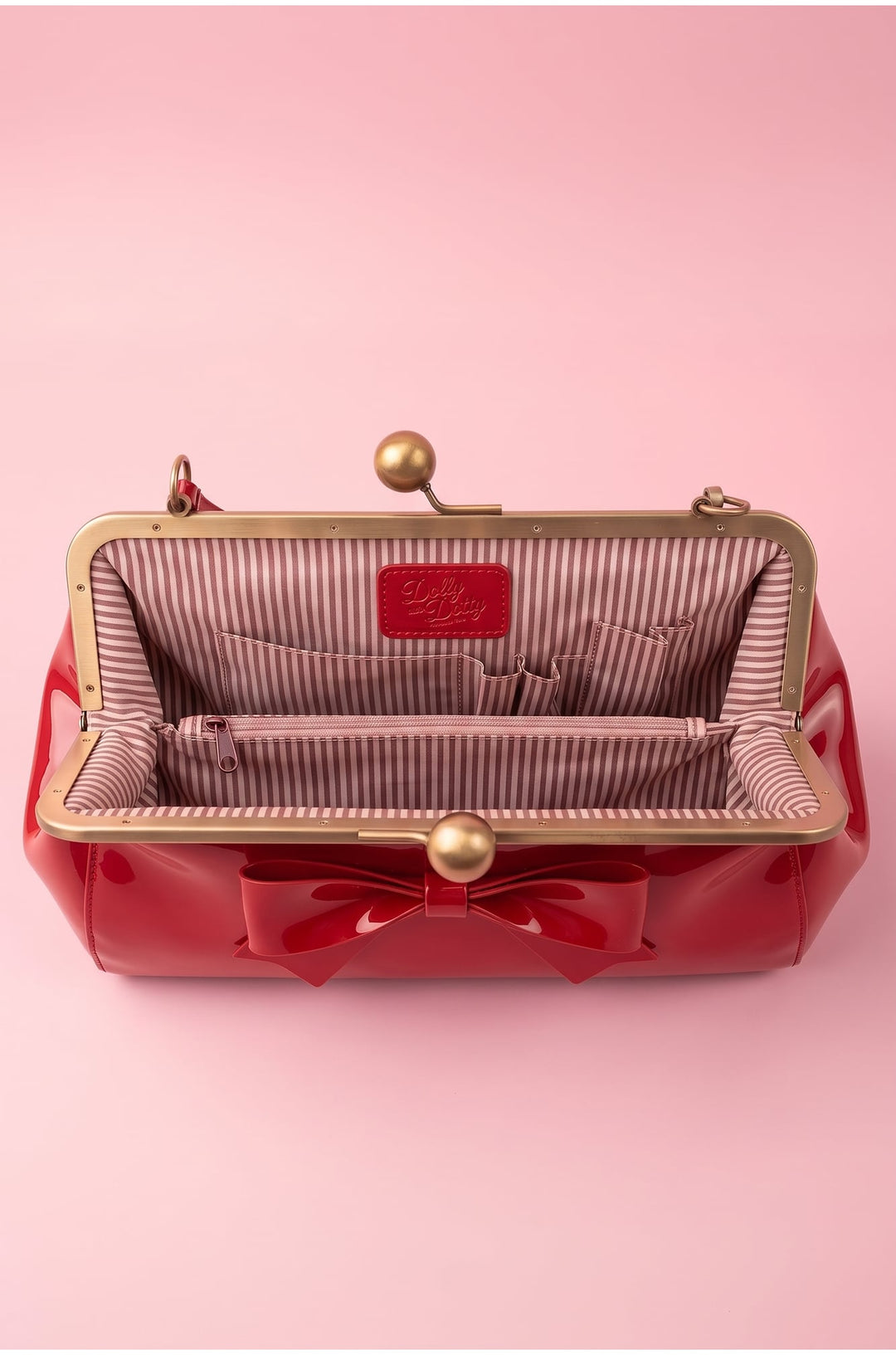 Interior shot of Colette 1950s style Kiss-Lock Vintage Red Oversized Statement Bow Bag