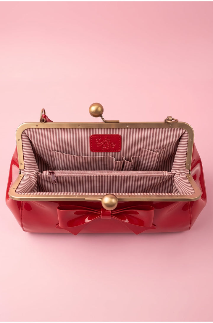 Interior shot of Colette 1950s style Kiss-Lock Vintage Red Oversized Statement Bow Bag
