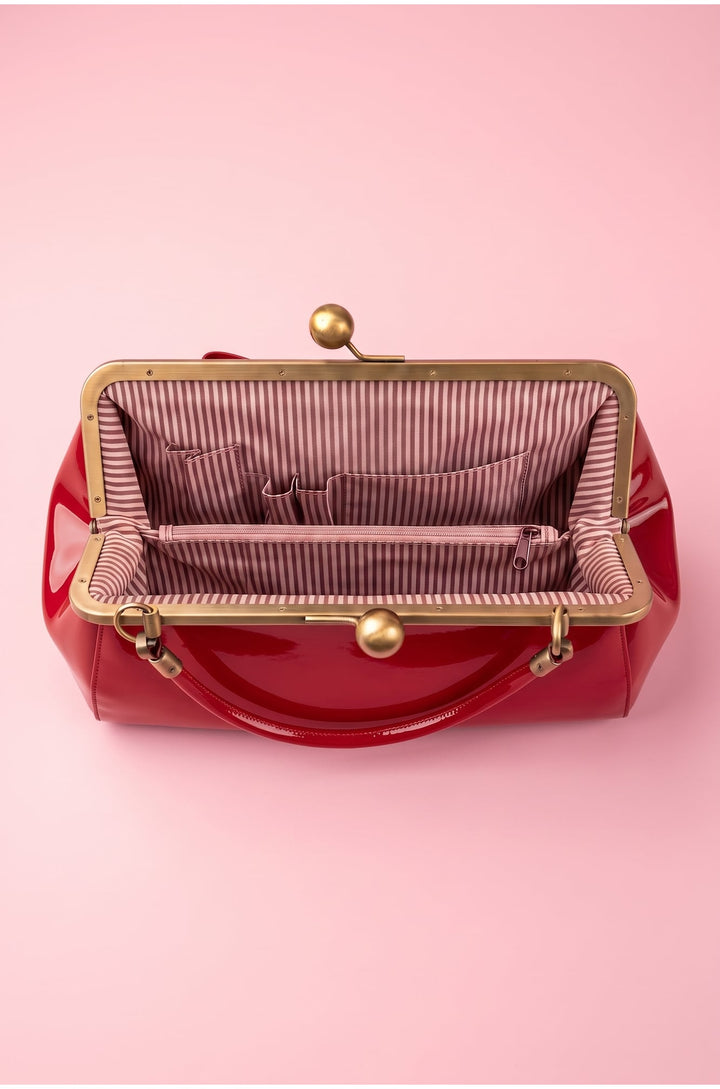 Interior image of Colette 1950s style Kiss-Lock Vintage Red Oversized Statement Bow Bag