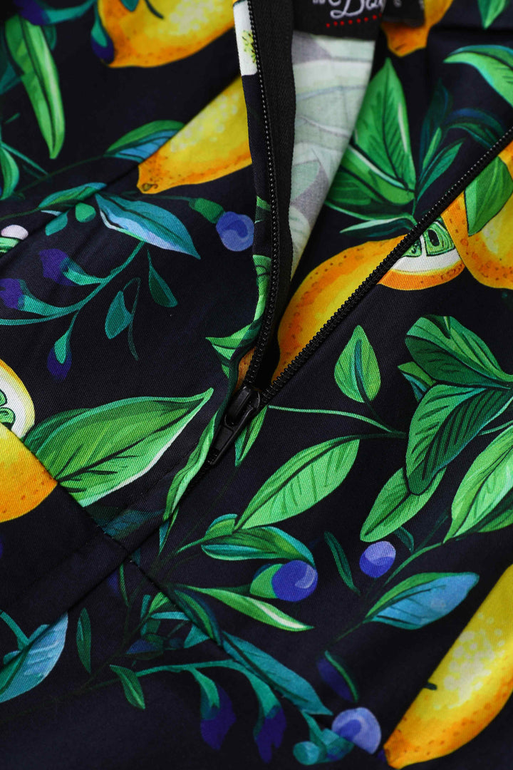 Zipper of Daisy Yellow Lemons on Black Dress | Vintage Halter Dress