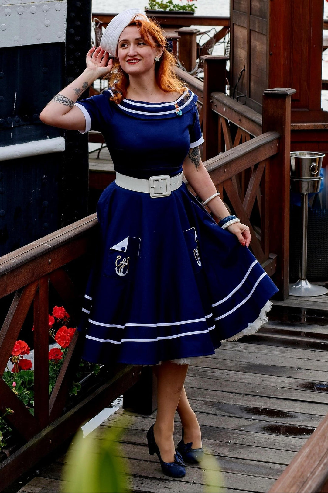 Darlene Blue Circle Dress with Embroidered Anchors