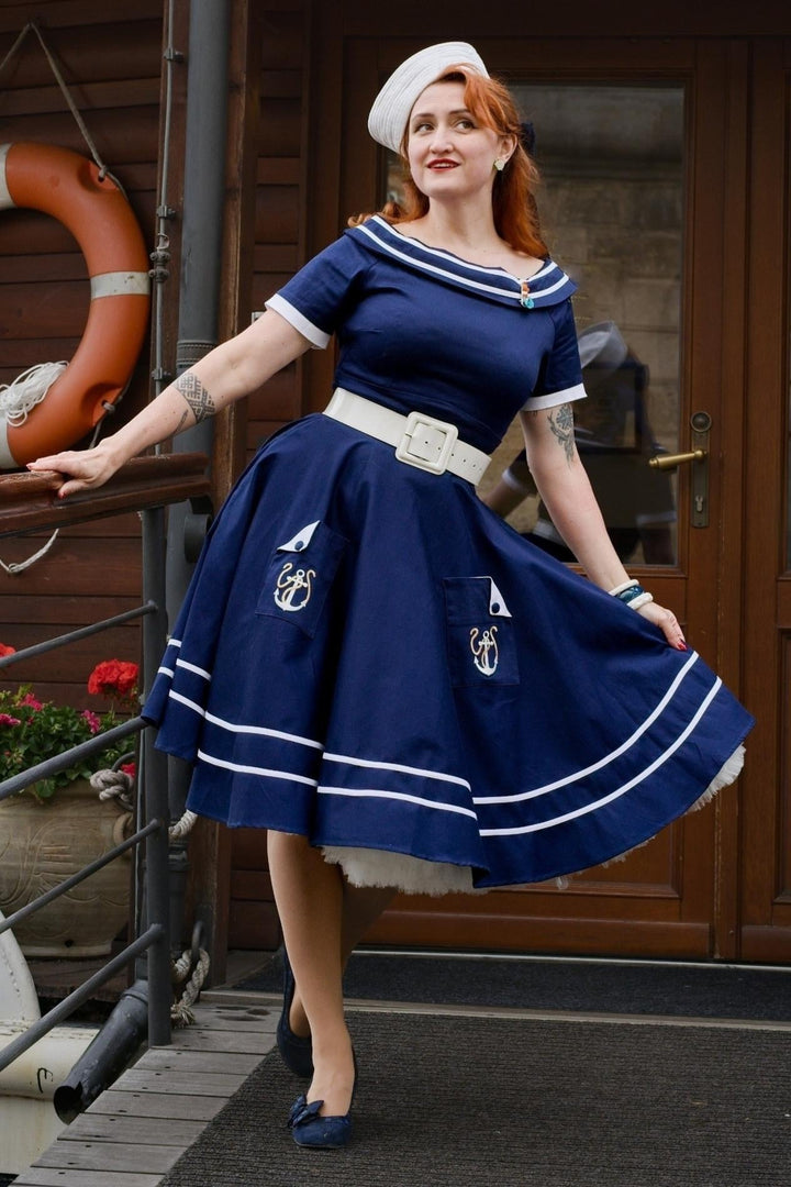 Darlene Blue Circle Dress with Embroidered Anchors