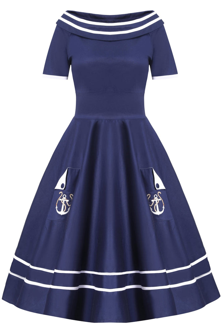 Darlene Blue Circle Dress with Embroidered Anchors