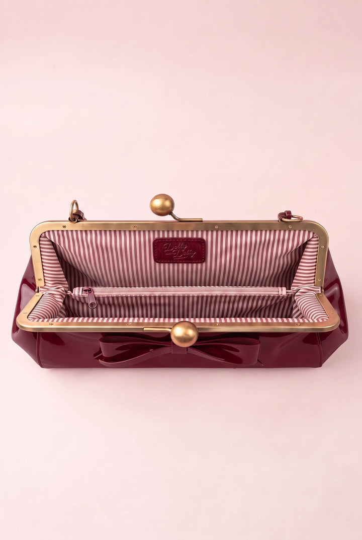 Interior of Elise Vintage Compact Kiss-lock Bow Evening Handbag in Burgundy