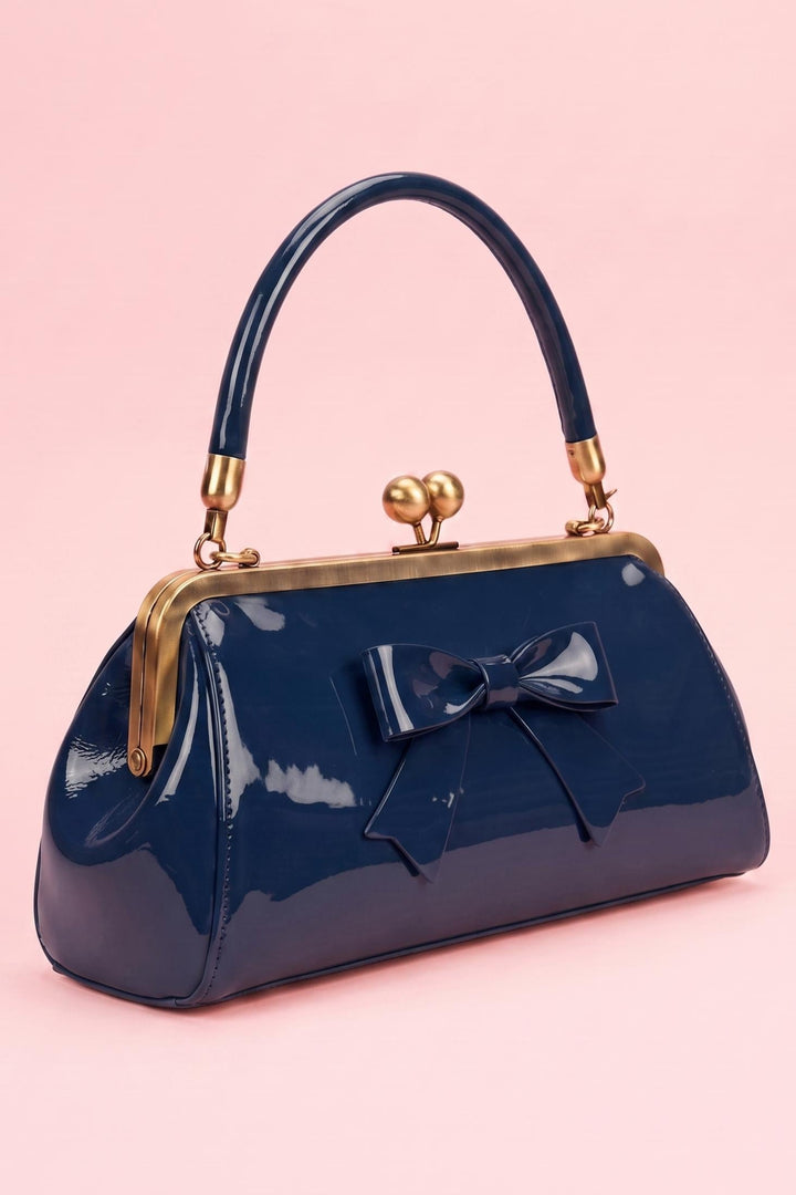 Elise Vintage Compact Kiss-lock Bow Evening Handbag in Dark Blue